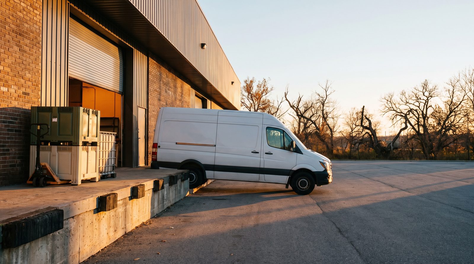 Delivery van loading at a manufacturing facility dock at golden hour