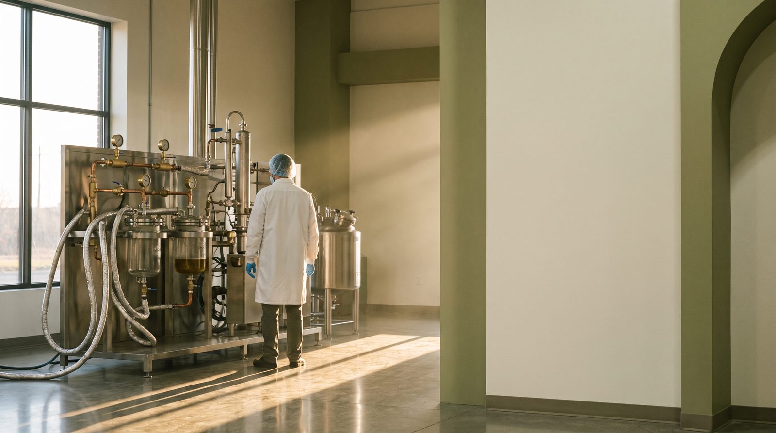 Technician at a closed-loop hydrocarbon extraction system in an extraction lab