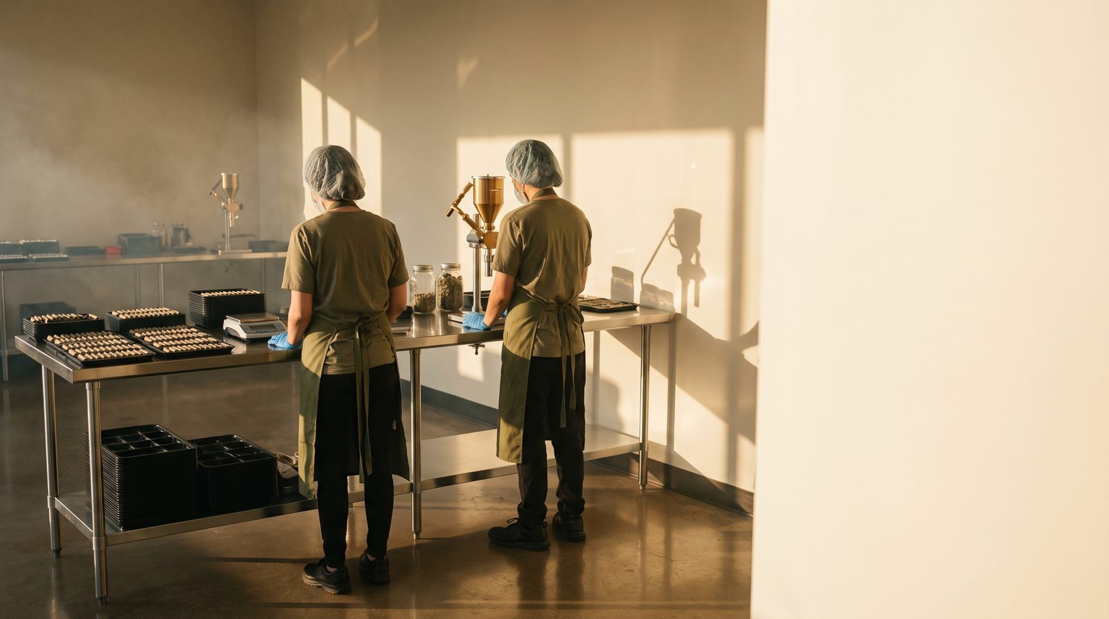 Two workers weighing and packing pre-rolls at a stainless production bench