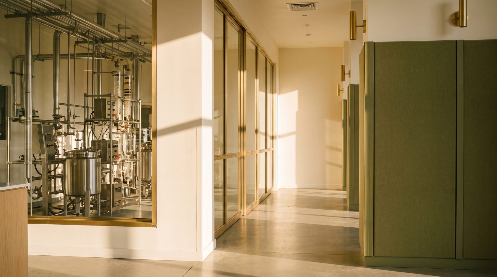 Extraction laboratory seen from a facility corridor at golden hour
