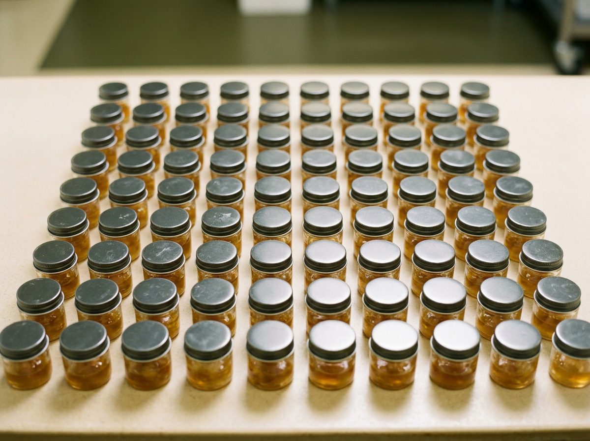 Finished concentrate jars staged for dispatch