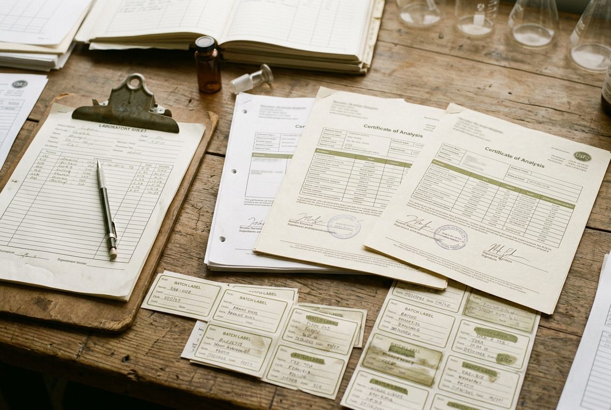 Certificates of analysis and batch paperwork on a desk