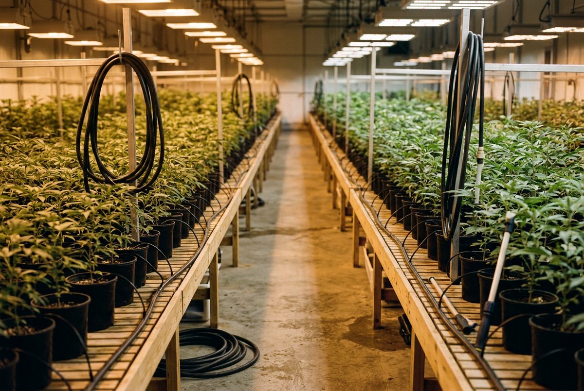Grow room aisle, lights on, receding perspective.