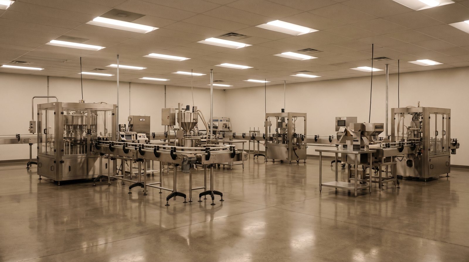 Production floor, wide, mid-shift.