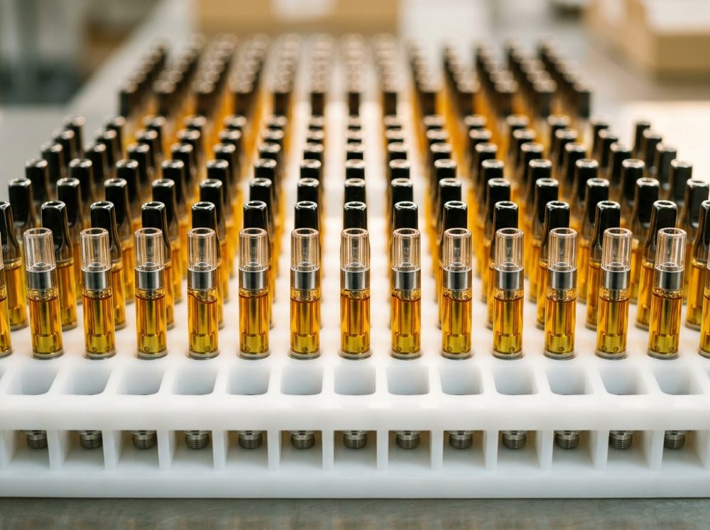 Filled vape cartridges in a production tray