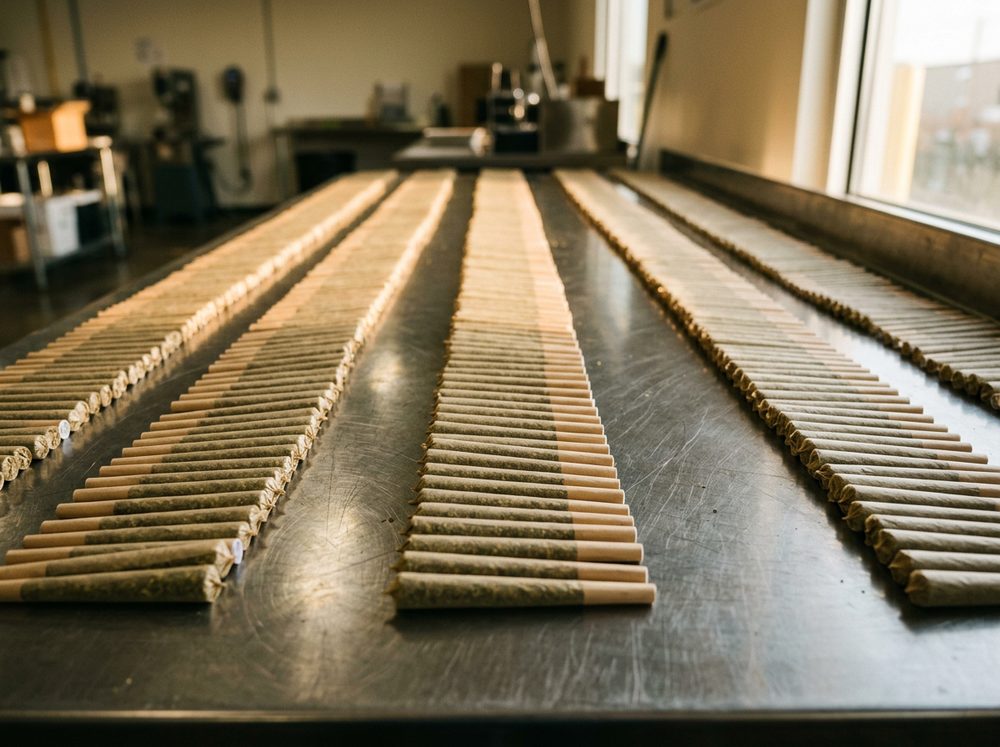 Rows of pre-rolls on a production table