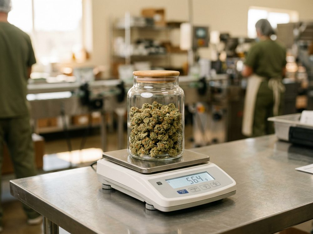Flower being weighed on a precision scale