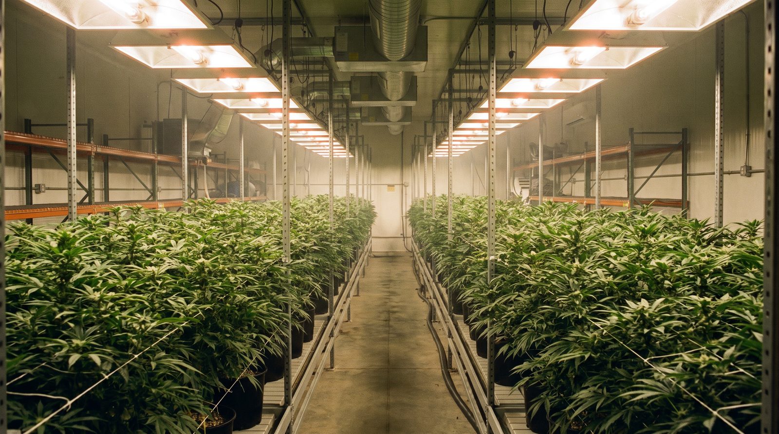 Cannabis cultivation room seen down the length of an aisle