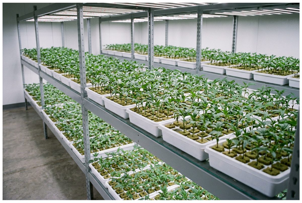 Mother plants or a clone tray, clinical framing.