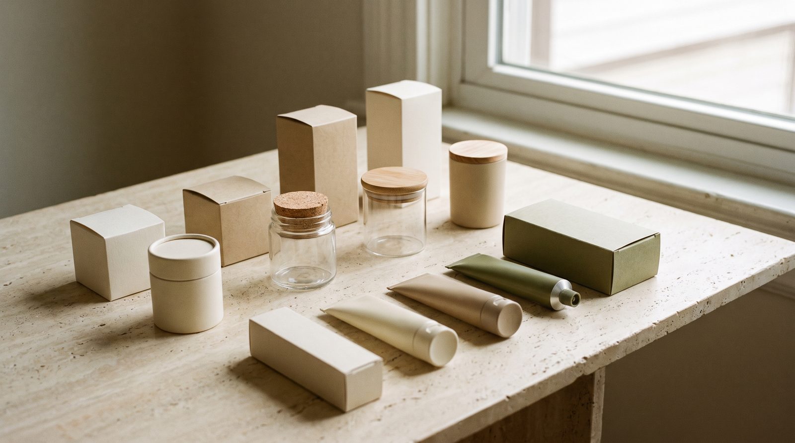 Finished cannabis packaging arranged on a bone-coloured surface