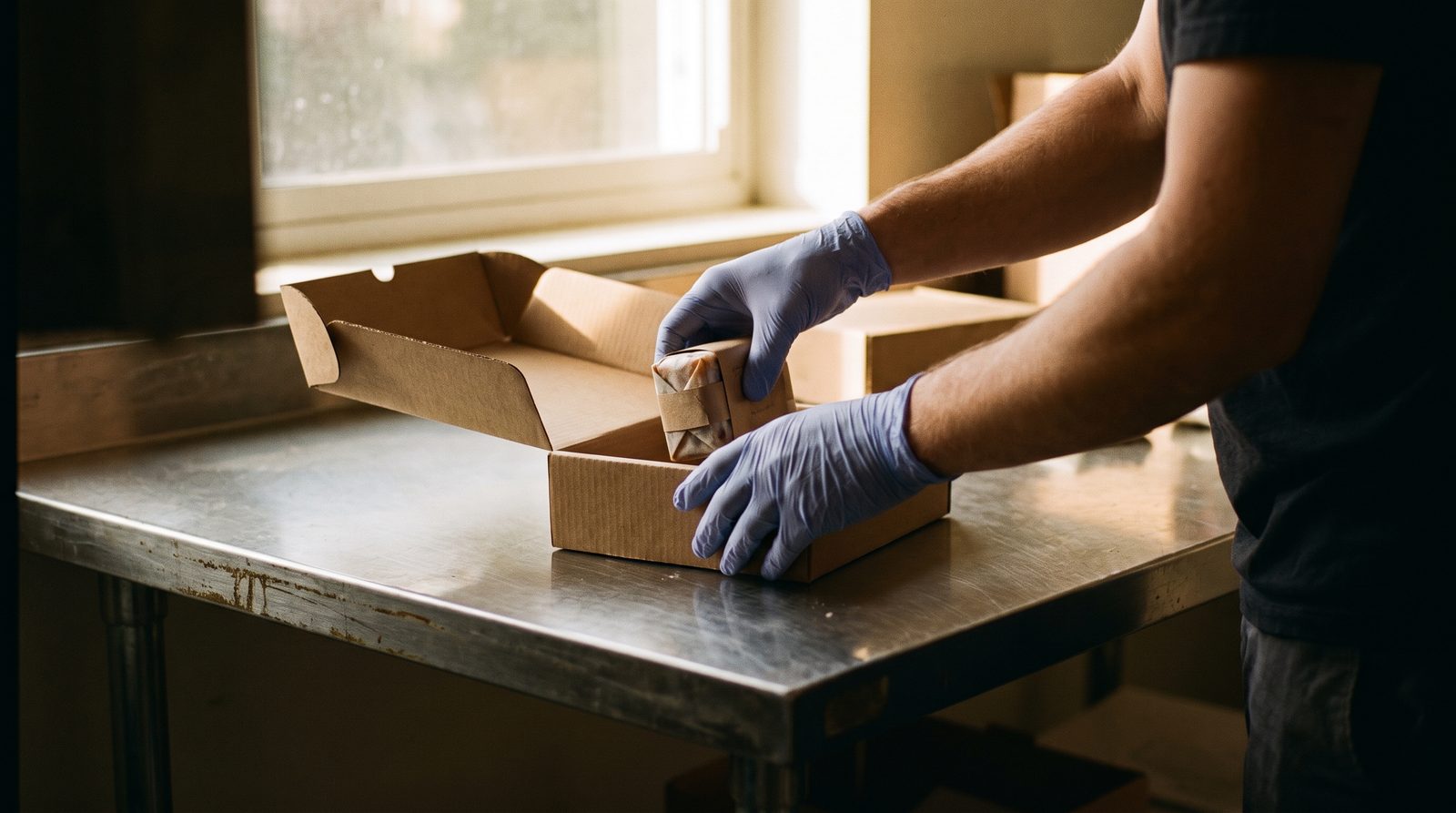 Gloved hands packing finished product at a stainless work table.